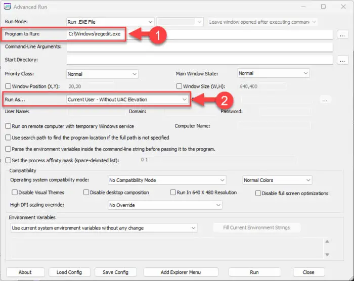 配置由NirSoft AdvancedRun运行应用程序没有特权提升