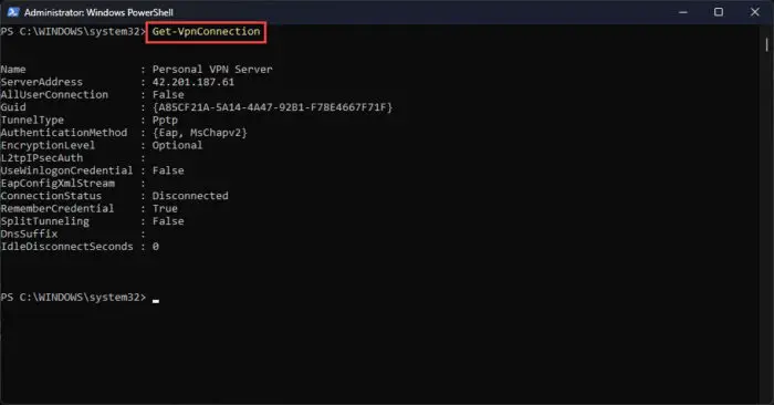 获得所有细节在当前用户使用PowerShell VPN连接