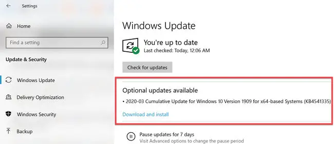 可选更新可用在Windows更新(KB4541335)
