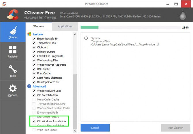 运行旧的Windows安装清理使用CCleaner