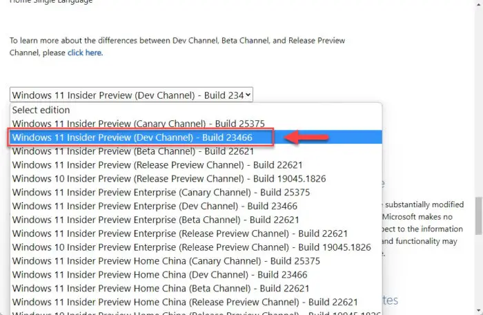 选择Windows 11内幕预览构建23466开发