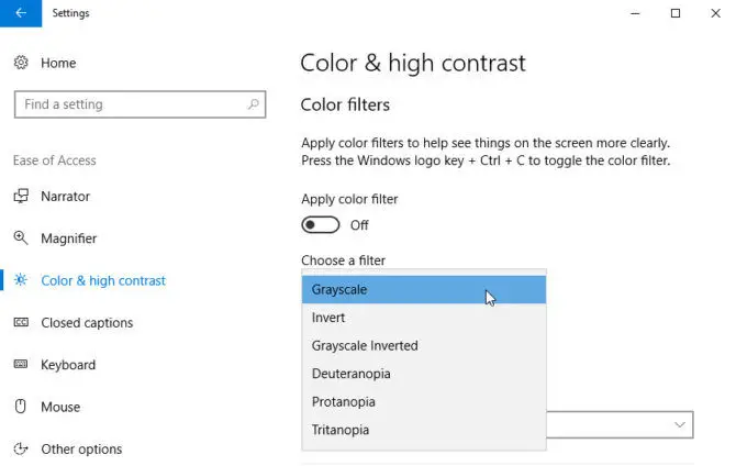 Windows 10颜色过滤器