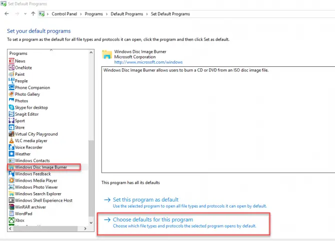 选择一个默认的Windows光盘映像燃烧器的应用从控制面板